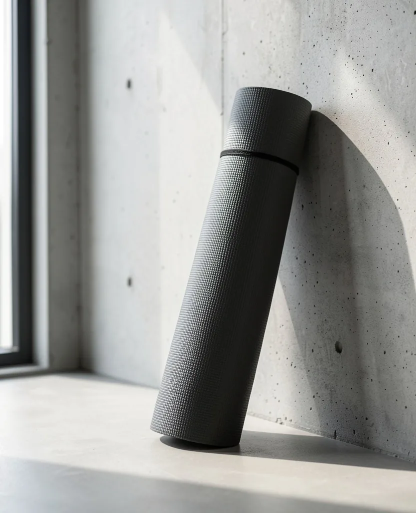 Rolled yoga mat against concrete studio wall
