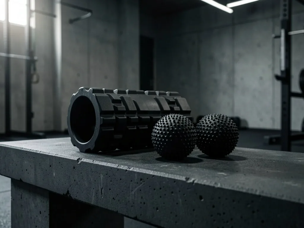 Foam roller and massage balls on a concrete bench