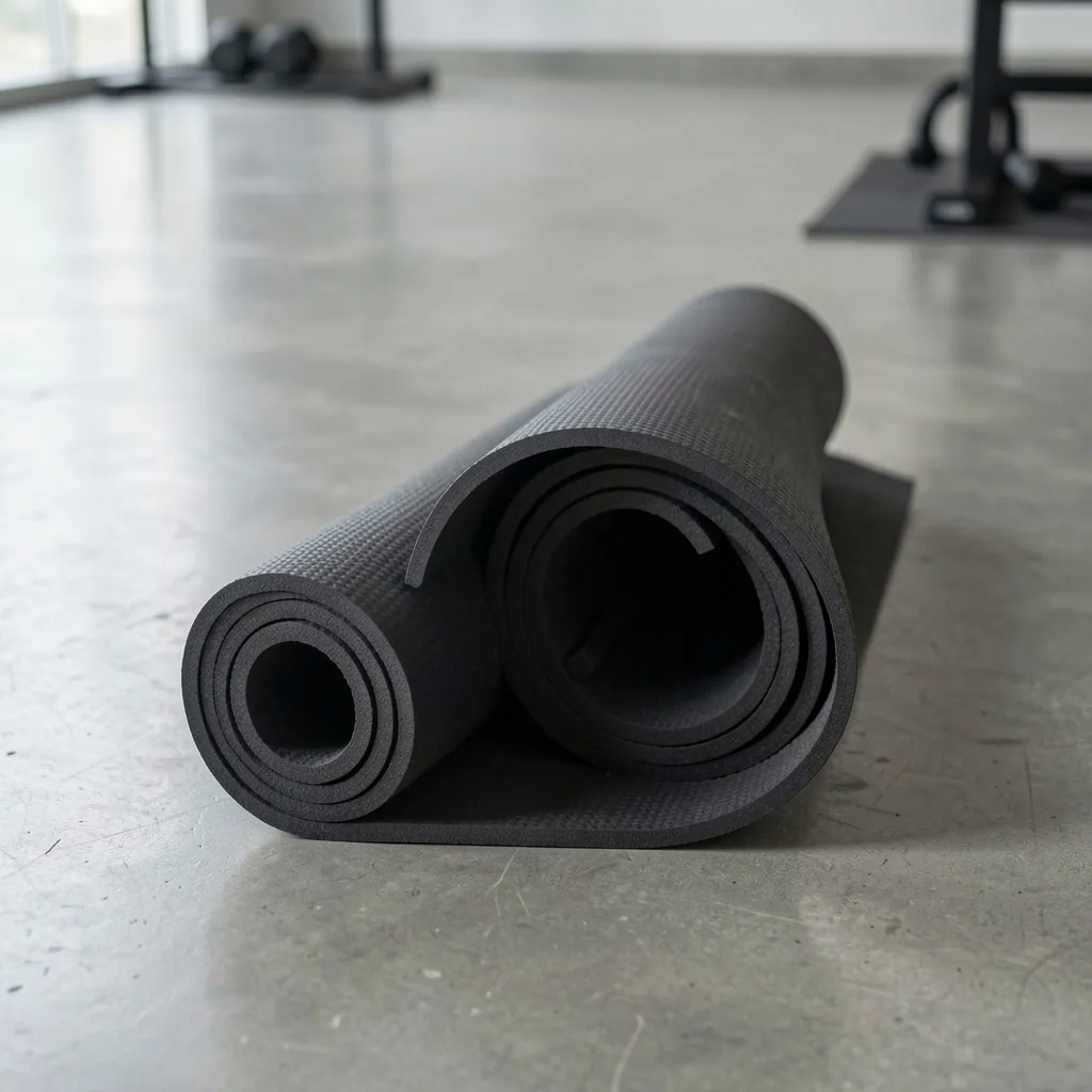 Rolled yoga mat on studio floor