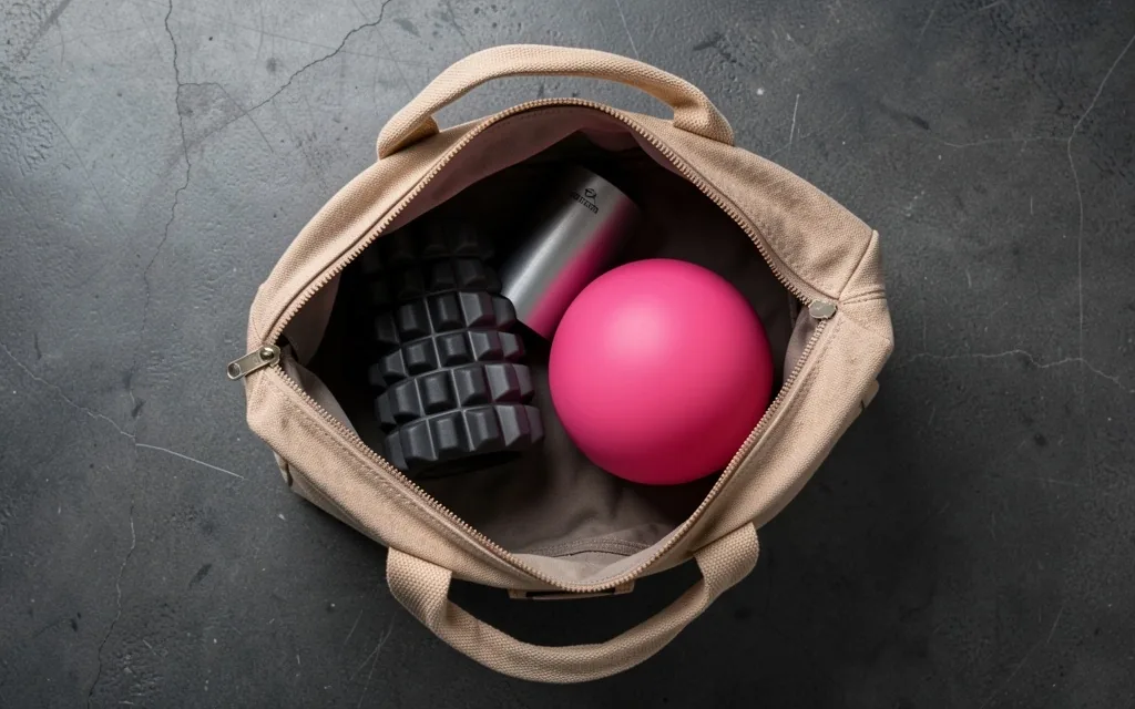 Compact roller and massage ball in gym bag
