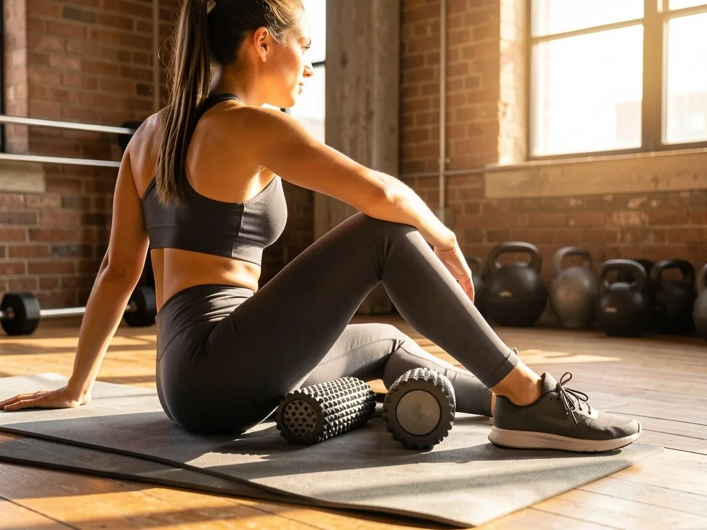 Athlete using a muscle massage roller on calf