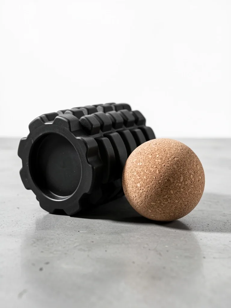 Foam roller and peanut massage ball on concrete surface
