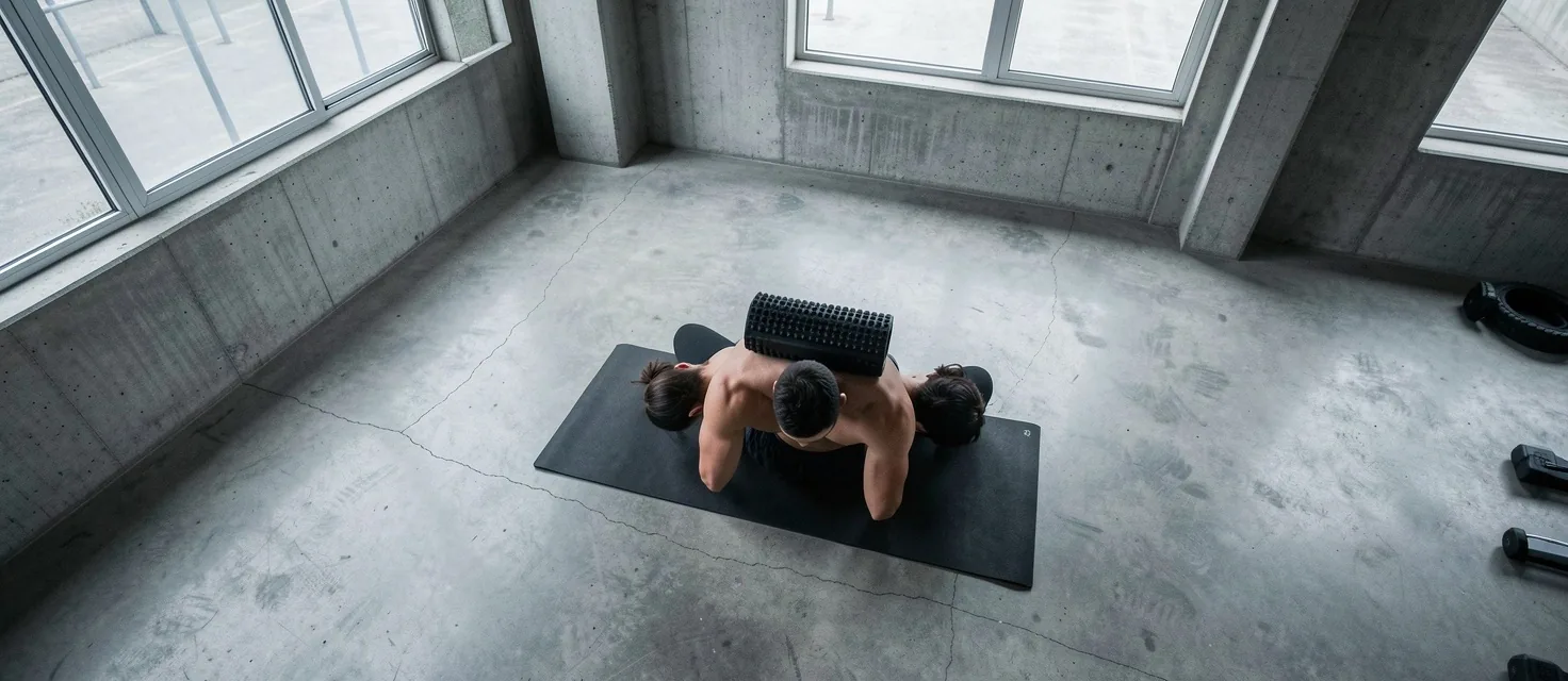 Person foam rolling upper back in concrete gym