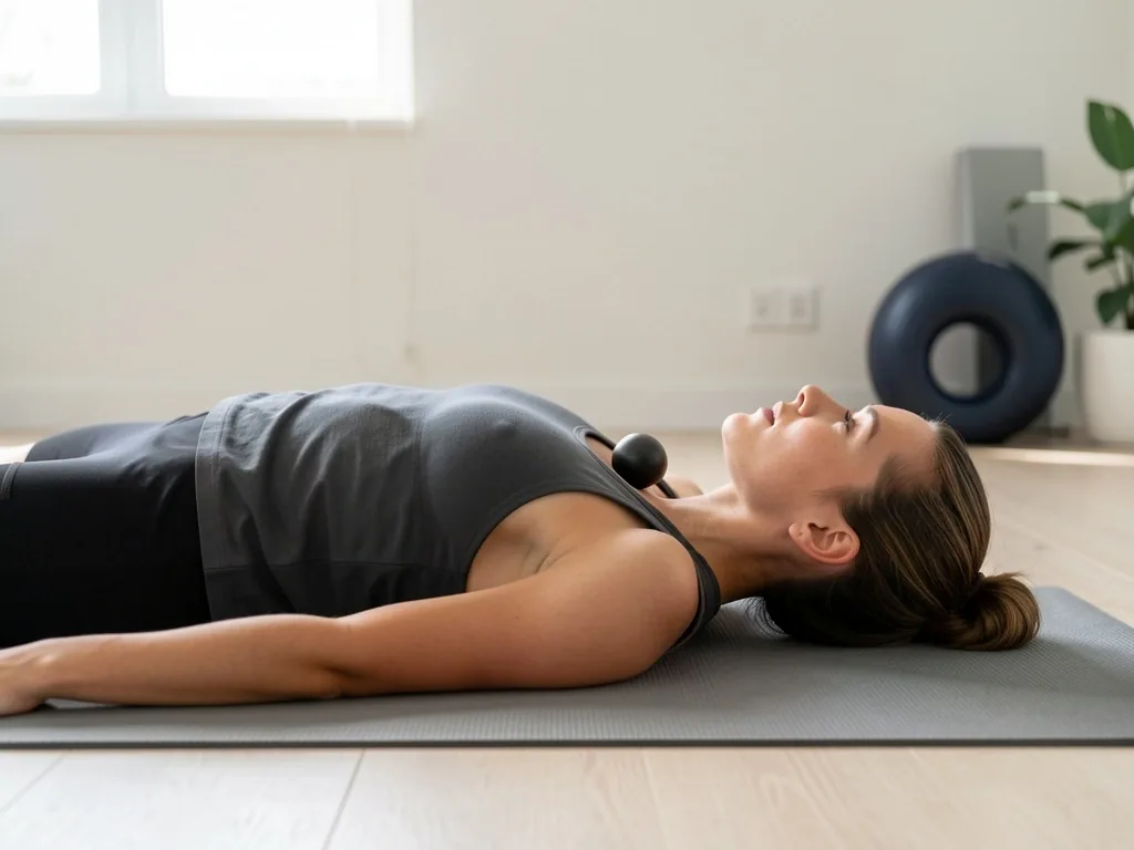 Person using peanut massage ball on upper back
