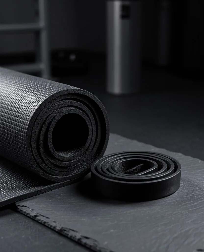 Yoga mat and resistance bands on dark studio floor