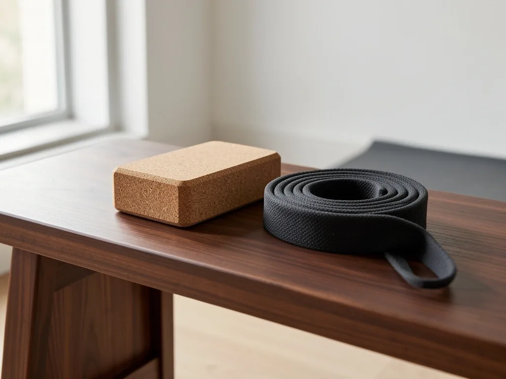 Yoga block and stretching strap on bench