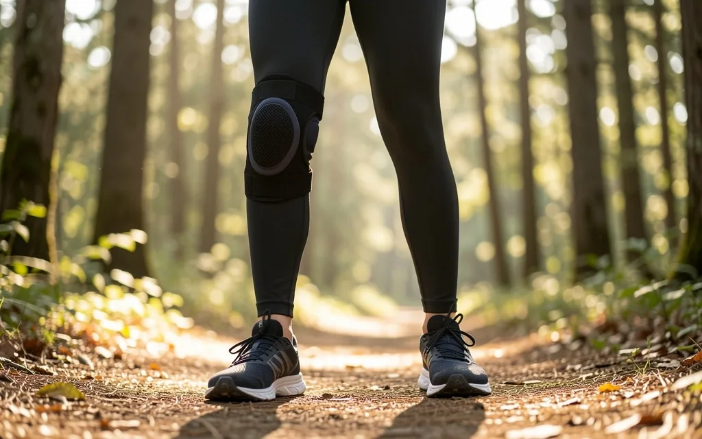 Athlete wearing a sports knee brace on a trail