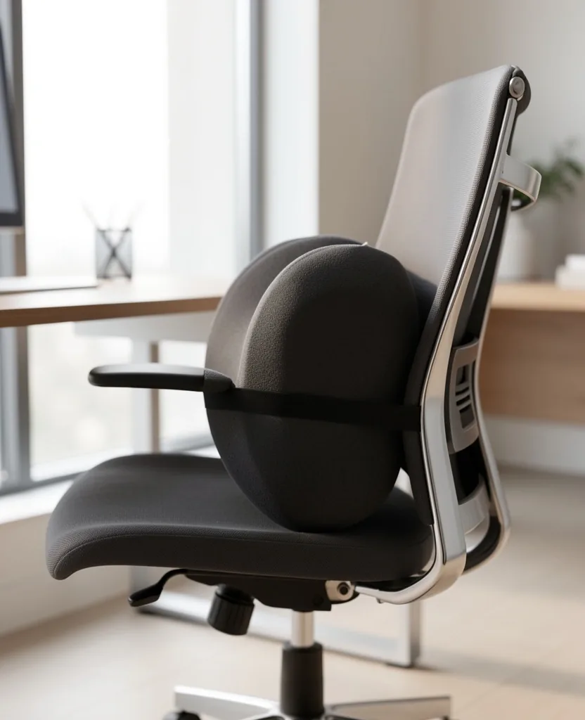 Ergonomic back support cushion on an office chair