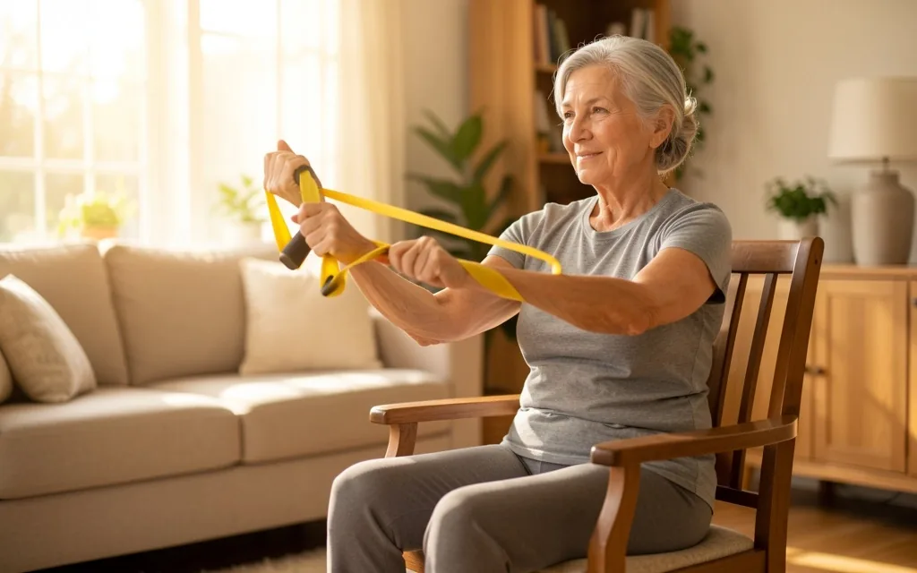 Senior using gentle fitness resistance band at home